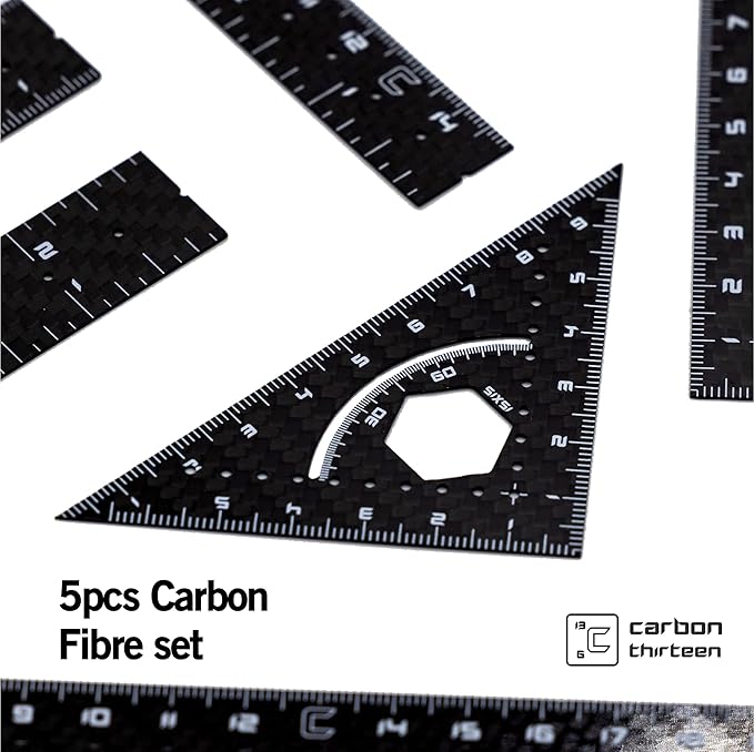 5 Piece Carbon Fibre Geometry Set by Carbon13 - Architecture Drafting Tools - Engineering Tools for Engineer - Professional Drafting Square Triangle Drawing Ruler Set