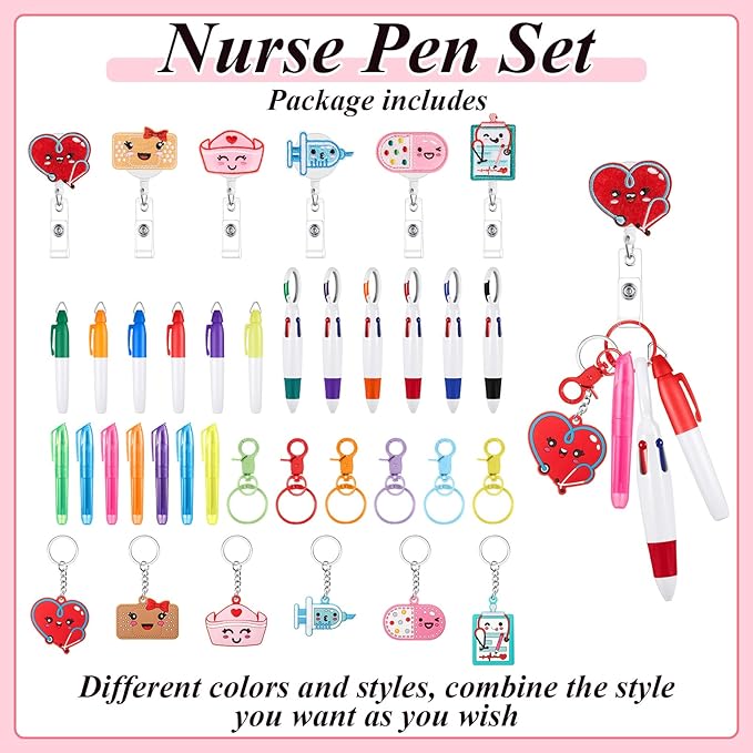 Henoyso 36 Pcs Nurse Badge Reel Pens Mini Highlighter Pens Bulk Nursing Week Appreciation Gifts Badge Accessories Retractable for Cna Medical Assistant Christmas Women (Classic)
