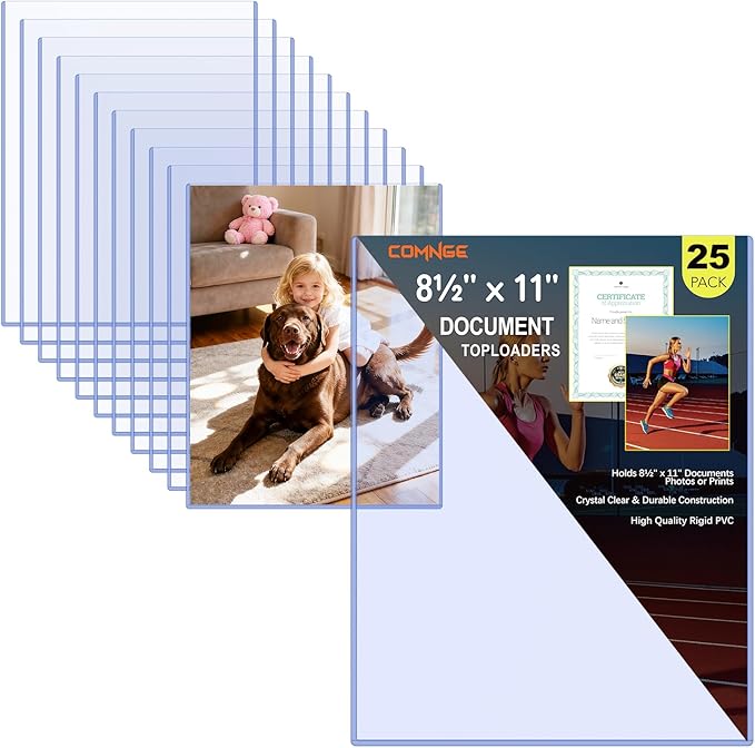 25-Pack 8.5 x 11 Inch Document Toploaders - Premium Rigid Topload Holders, Transparent Blue Top loaders, Hard Plastic Page Sheet Protectors for Birth Certificate, Photos, Artwork, Prints