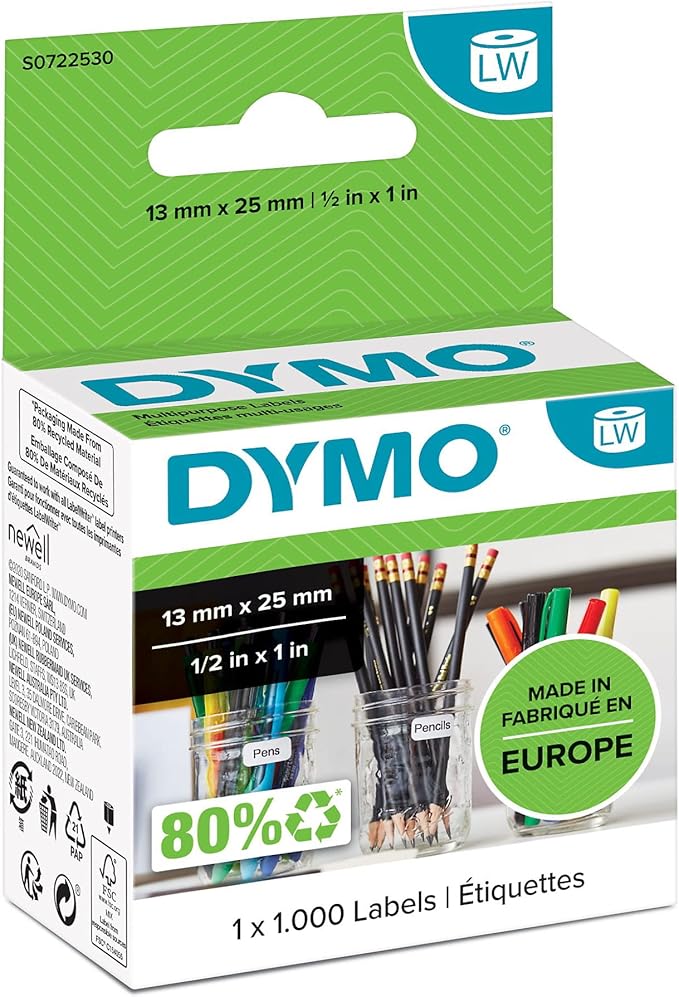 Dymo 13 mm x 25 mm LW Small Multi-Purpose Labels, Roll of 1000 Easy-Peel Labels, Self-Adhesive, for LabelWriter Label Makers, Authentic