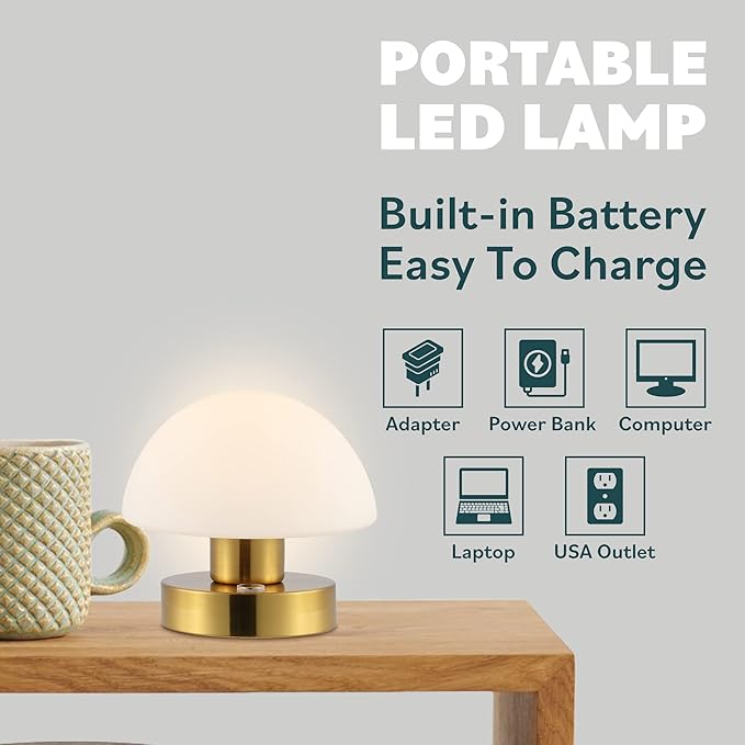 JONATHAN Y 5.75" Brass Gold/White Rechargeable Portable LED Table Lamp, Cordless Mushroom Accent Light for Bar, Nightstand, with Frosted White Glass Shade (JYL7113C)