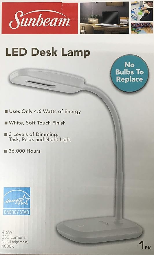 New SUNBEAM Flexible Neck LED Desk LAMP Adjustable Light Energy Star (White)