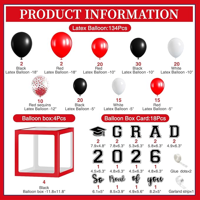 2026 Graduation Decorations, Red And Black Graduation Decorations 2026 Arch Kit Boxes With Letters 2026 Grad for Middle School High School College ect.