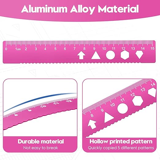 MSDADA Triangle Ruler, Protractor, Square and Ruler Set, 4 Pieces Aluminum Alloy Ruler, Metal Drafting Ruler Kit, Geometric Protractor for Student, School, Home, Office (Pink, 15cm/5.9inch)