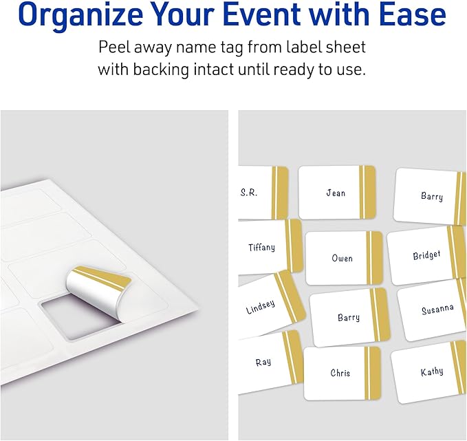 Avery Printable Rectangle Adhesive Name Tags, Double-Dipped Gold Edge Design, 2-1/3" x 3-3/8", Matte White Removable Name Tags, Laser/Inkjet, 80 Total, Great for Name Badges
