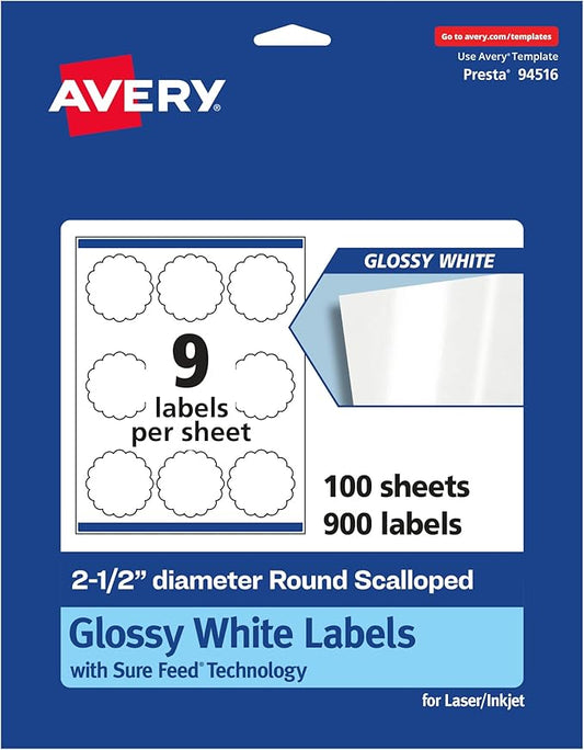 Avery Glossy White Round Scalloped Labels, Sure Feed Technology, 2.5" Diameter, 900 Glossy White Labels, Print-to-The-Edge, Permanent Adhesive, Laser/Inkjet Printable