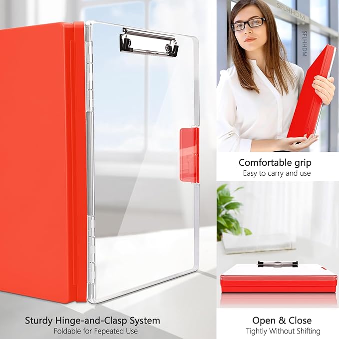 SFLHHDM Clipboard with Storage,Heavy Duty Clip Boards 8.5x11 with 2 Storage Case,Clear Visible Panel Storage Clipboards,Side Opening Nursing Clipboard Folder for Office Supplies-Red