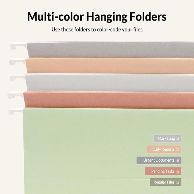 SUNEE Hanging File Folders, Pastel Colors - 75 Pack, Colored File Folders Letter Size with 1/5-Cut Tabs, Ideal for Organizing Home and Office Documents