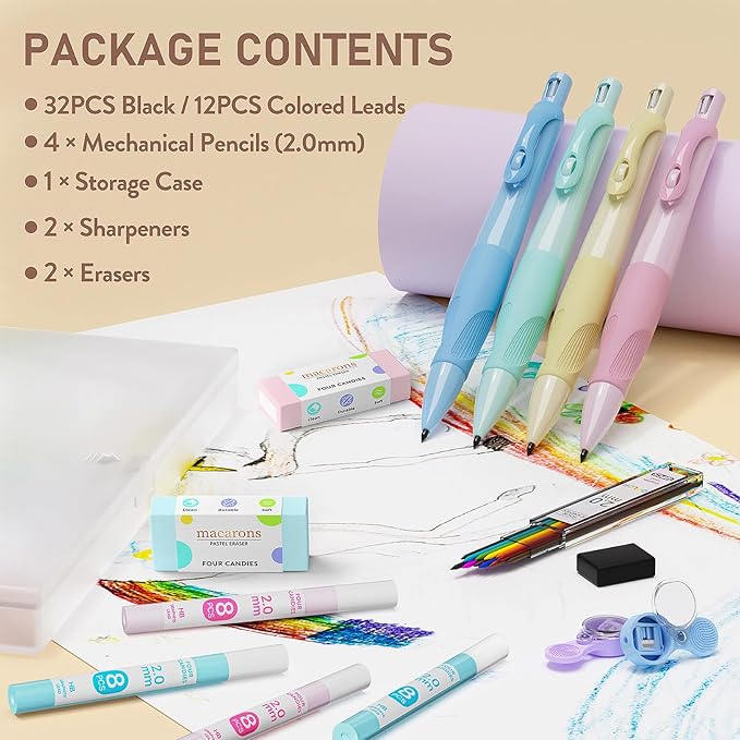 Four Candies 2.0MM Mechanical Pencil with Comfort Ergonomic Grip, 4PCS Cute Mechanical Pencils with 44PCS Lead Refills, 2PCS Sharpeners/Erasers, Aesthetic School Supplies for Kids Writing Drawing