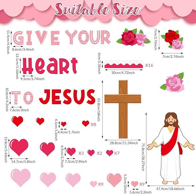 Valentine's Day Jesus Bulletin Board Set Valentines Religious Christian Classroom Decorations Give Your Heart to Jesus Love Heart Rose Cross Paper Cutouts for Sunday School Home Chalkboard Wall Decor