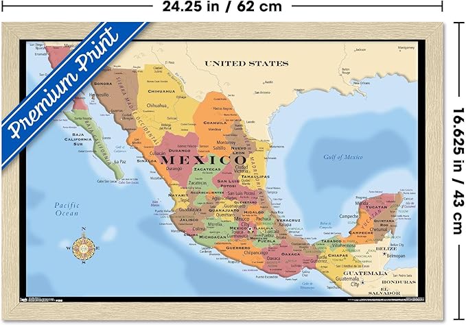 Map - Mexico Wall Poster, 22.4L" x 14.7W", Blonde Framed Version