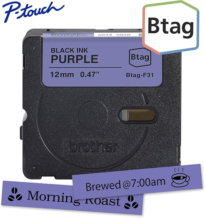 Brother Genuine P-Touch Btag BTAGF31 Black on Purple Label Tape ~1/2in by 13.1ft (12mm x 4m). (Works Only with Brother PT-N10, PT-N20, PT-N25BT Label Makers)