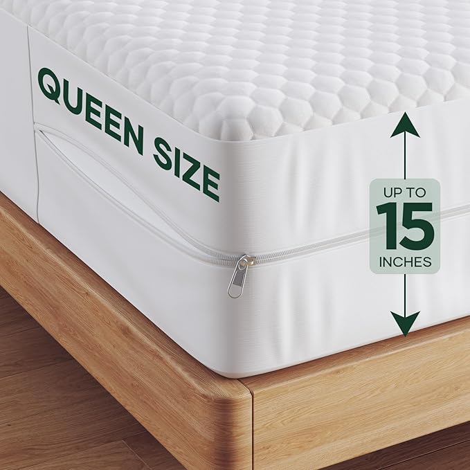 OhGeni 100% Waterproof Zippered Mattress Protector,Queen Size Mattress Encasement,Pet Hair & Bedwetting Resistant,Cooling Breathable Fitted Sheets,Non-Slip Deep Pocket,Washable Noiseless for Bedroom