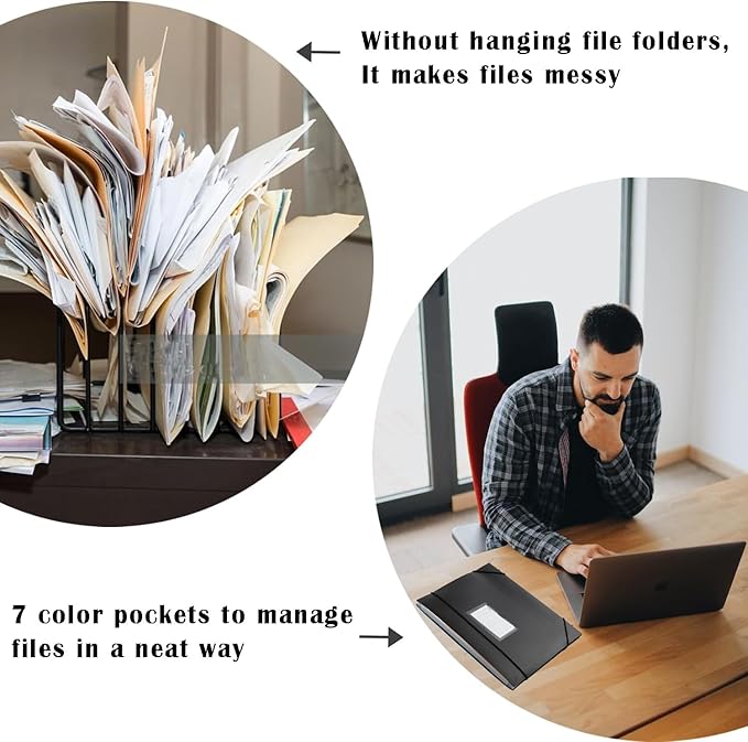 TRANBO 7-Pockets Hanging File Folder with Retractable Hooks for Filing Cabinet, 2 in 1 Expandable Accordion File Organizer with Elastic Band for File Frame or On-The-Go Use (1 Pcs)