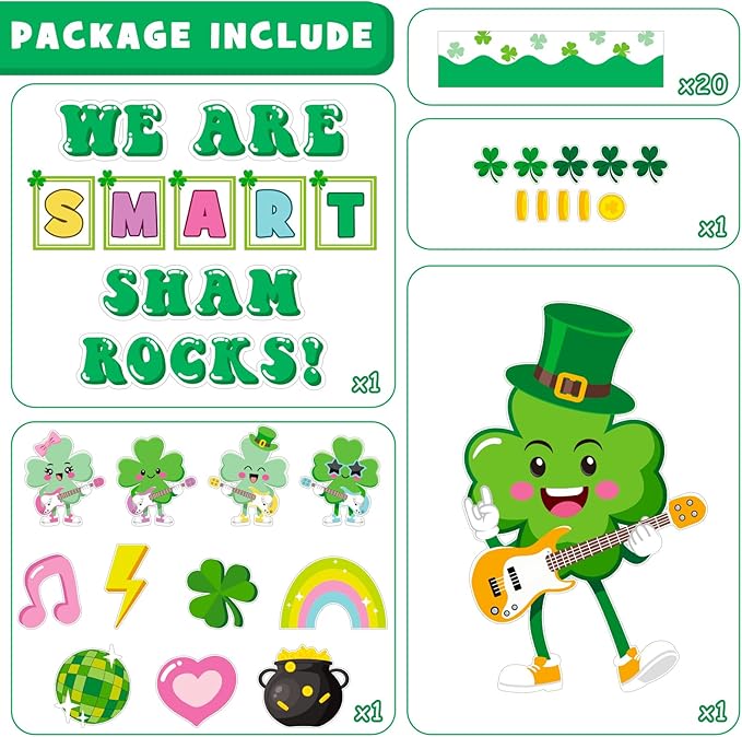 St. Patrick's Day Bulletin Board Decoration Set, March Sham Rocking Classroom Decorations Lucky Shamrock Music Note Rainbow Cutouts Irish Holiday Library School Home Window Wall Door Decor for Teacher