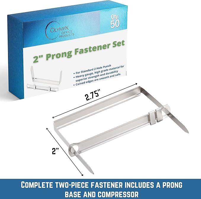 OLYMPX Prong Paper Fasteners 2 Inch Capacity, 50 Complete Sets - Premium Metal, 2.75" Base with Compressor for Standard 2-Hole Punch, File Folders, 50/Box