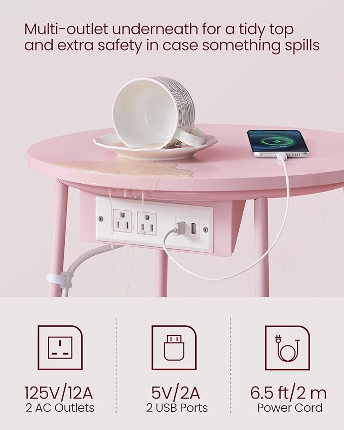 VASAGLE LILEA Collection - Side Table with Charging Station, Round End Table with Fabric Basket, Nightstand with USB Ports, for Living Room, Bedroom, Modern, Jelly Pink and Cream White ULET228R01