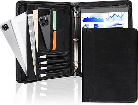 AZXCG Zipper Portfolio Padfolio Binder,3-Ring Padfolio for Women and Men,A4/Letter Size, PU Leather with iPad,Professional Organizer for Resume/Interview