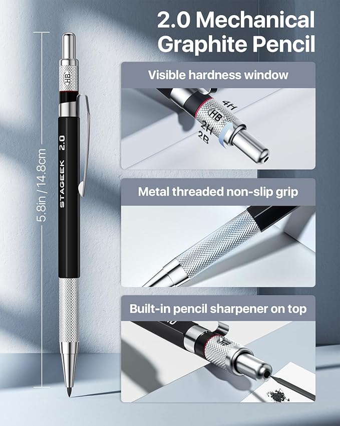 Mechanical Pencil Set with Case 37 Count, Drawing Pencils 0.3, 0.5, 0.7, 0.9MM & 2PCS 2MM Sketching Pencils with 492PCS Lead Refills (6B 4B 2B HB 2H 4H Color) for Artist Drafting Drawing