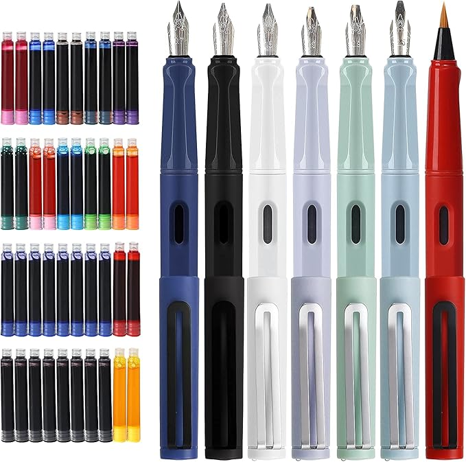 GC QUILL Calligraphy Fountain Pen Set- 7 with Different Nibs and 40 Ink Cartridges for Beginners- MU-09
