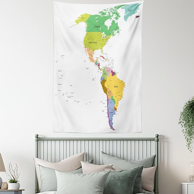 Ambesonne Map Tapestry, Map of South and North America with Countries Capitals and Major Cities Colorful Design, Fabric Wall Hanging Decor for Bedroom Living Room Dorm, 30" X 45", Green White