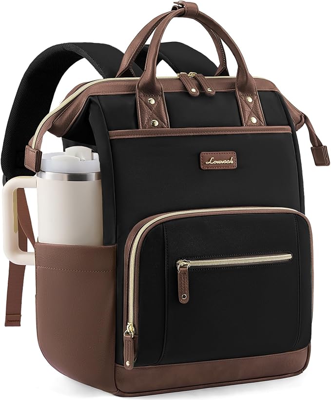 LOVEVOOK Laptop Backpack for Women with Giant Tumbler Holder,15.6 inch Professional Nurse Teacher Backpack Computer Laptop Bag,Cute Waterproof Travel Backpack Purse Work College Bag, Black-Brown