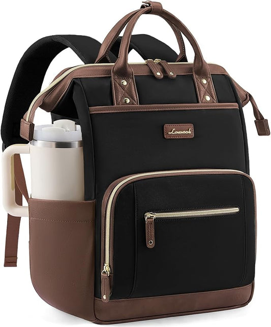 LOVEVOOK Laptop Backpack for Women with Giant Tumbler Holder,15.6 inch Professional Nurse Teacher Backpack Computer Laptop Bag,Cute Waterproof Travel Backpack Purse Work College Bag, Black-Brown