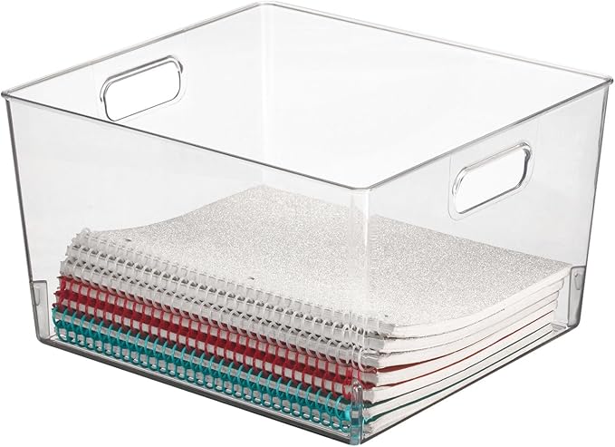 mDesign Large Plastic Office Storage Organizer Container Bin with Handles - Basket for Cabinet, Cupboard, Desk, Closet and Shelf Organization - Holds Notebook, Books, Files, Ligne Collection - Clear