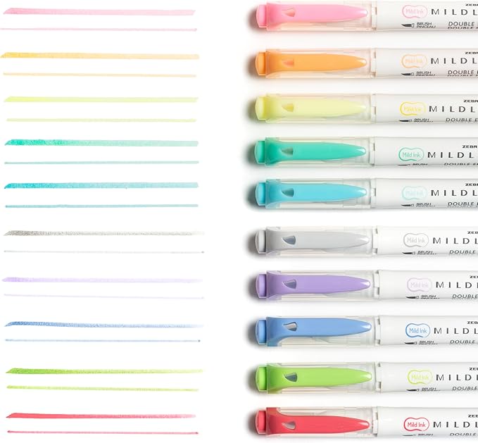 Zebra Pen, Mildliner Dual-Ended Brush Pens, 10 Assorted Colors, Brush and Fine Tips, Soft Mild Ink with No Bleed-Through, Water-Resistant Ink for Journaling, Calligraphy, Planners, 10-Pack (79101)