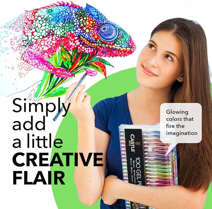 Castle Art Supplies 100 Gel Pens for Adult Coloring Set | Drawing, Scrapbooks, Journals | Amazing Colors, Effects – Swirl, Glitter, Neon, Pastel, Metallic - With Smooth, Fine Tips
