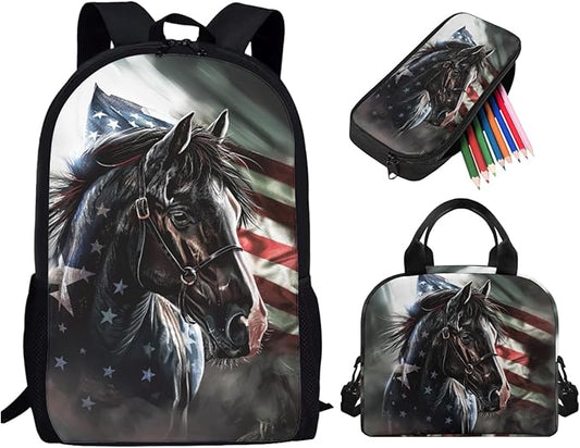 American Flag Kids Backpack Set of 3, Horse School Backpacks for Boys Elementary Middle High School with Insulated Lunch Bag Kawaii Cute Pencil Case, Black