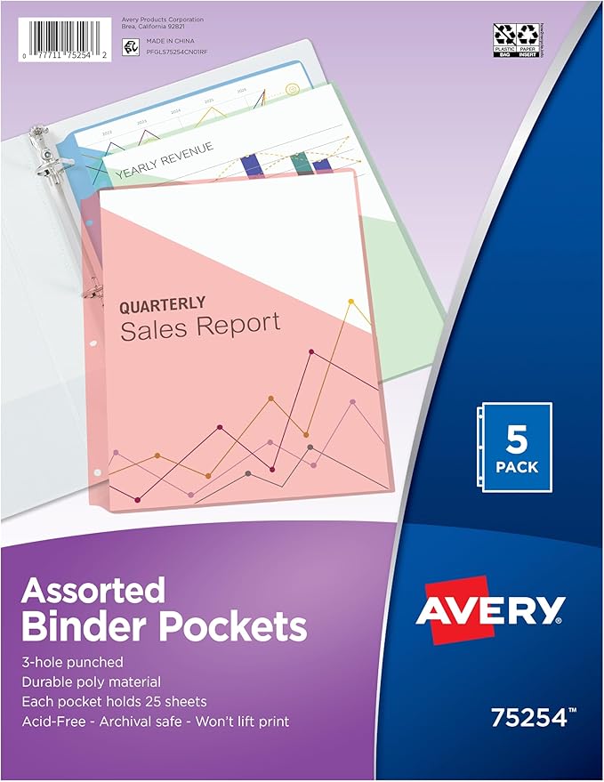 Avery Binder Pockets for 3 Ring Binders, Assorted Colors, Fits 8.5" x 11" Documents, Acid-Free and Archival-Safe, 5 Folders Total (75254)