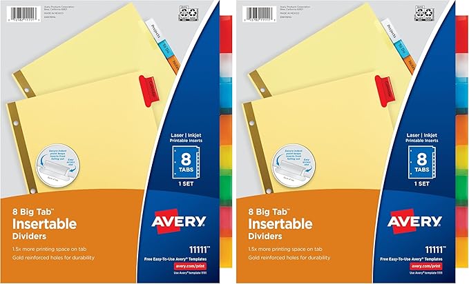 Avery Insertable Dividers for 3 Ring Binders,8 Tabs per Set,Multicolor Big Tabs,Buff Paper with Gold-Reinforced Holes,Great for Organizing Reports,Projects,and More (11111),(Pack of 2)