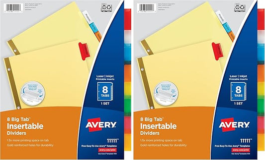 Avery Insertable Dividers for 3 Ring Binders,8 Tabs per Set,Multicolor Big Tabs,Buff Paper with Gold-Reinforced Holes,Great for Organizing Reports,Projects,and More (11111),(Pack of 2)
