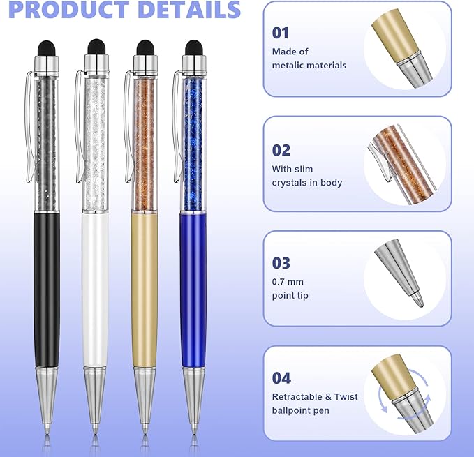 MengRan Cute Pens with Stylus Tip, 2 in 1 Black Ink Ballpoint Pens and Slim Crystal Stylus Pens for Touch Screens(12 colors)