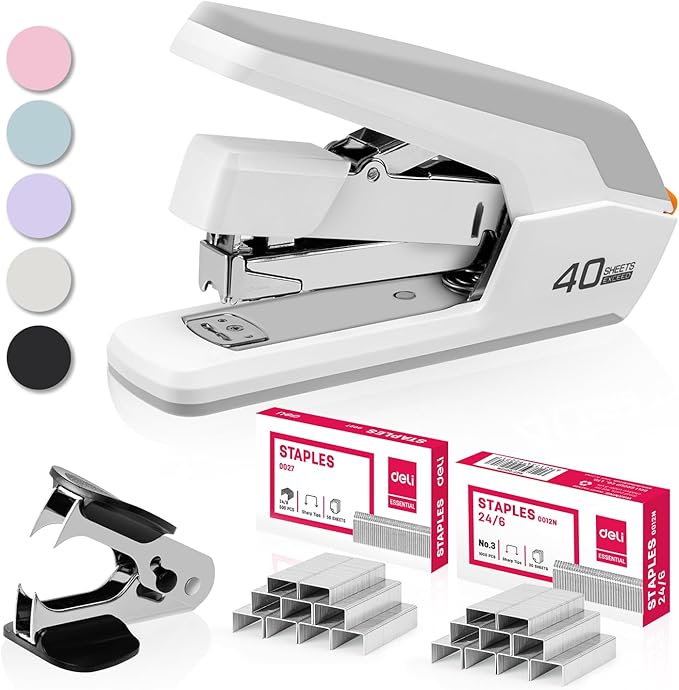 Deli Effortless Desktop Stapler, Heavy Duty Stapler, 40-50 Sheet Capacity, One Finger, No Effort, Includes Staples & Staple Remover, White