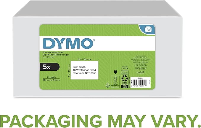 DYMO Authentic LW Extra-Large Shipping Labels for LabelWriter Label Printers, White, 4" x 6", 5 Rolls of 220 (1100 Total)