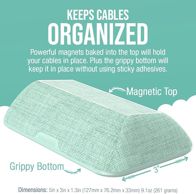 Smartish® Magnetic Cord Holder - Bigger Cable Wrangler Organizer with Magnet Clips for Charger Management on Desktop, Nightstand - Holds 6+ Cables - Teal Me More