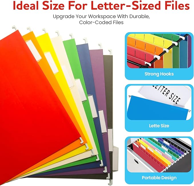 Colored Hanging File Folders – 8 Pack Assorted Colors, Letter Size File Organization Folders for Home, Office, School & Filing Cabinets.