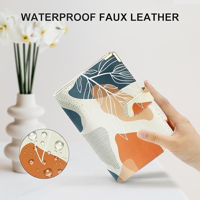 A6 Refillable 6 Ring Faux Leather Budget Binder,Mini Notebook Binder Cover for A6 Filler Paper,Loose Leaf Personal Planner Cover with Magnetic Buckle Closure (White Leaves)