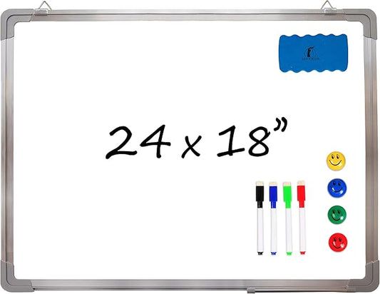 Whiteboard Set - Dry Erase Board 24 x 18 in with 1 Magnetic Dry Eraser, 4 Drywipe Markers and 4 Magnets - Small White Hanging Message Scoreboard for Home and Office (24x18 in)