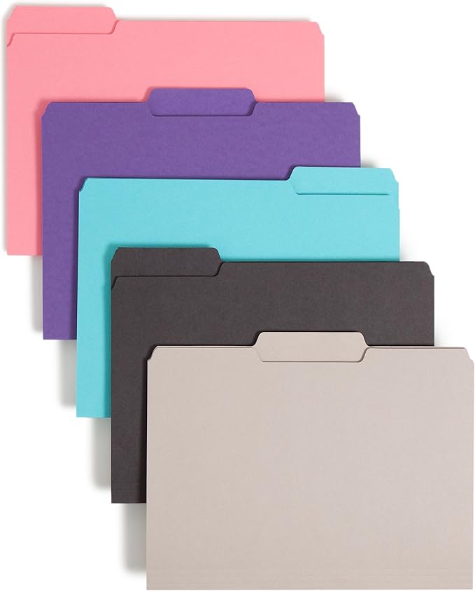 Smead Interior File Folder, 1/3-Cut Tab, Letter Size, Assorted Jewel-Tone Colors, 100 per Box, Expandable File Folders for Filing Cabinet