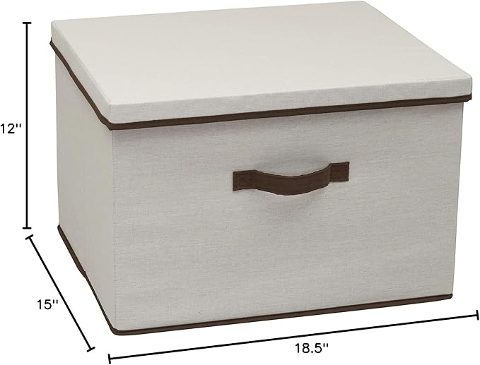 Household Essentials Wide Fabric Storage Bin with Lid, 18.5" W x 15" D, Wide-18.5", Natural and Brown