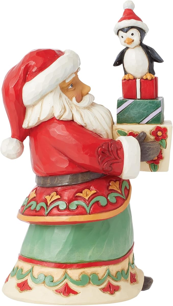 Enesco Jim Shore Heartwood Creek Santa with Presents and a Penguin Pint-Sized Figurine- Resin Hand Crafted Collectible Santa Mini Figurines Christmas Home Decor Holiday Shelf Statue, 6.06 Inch