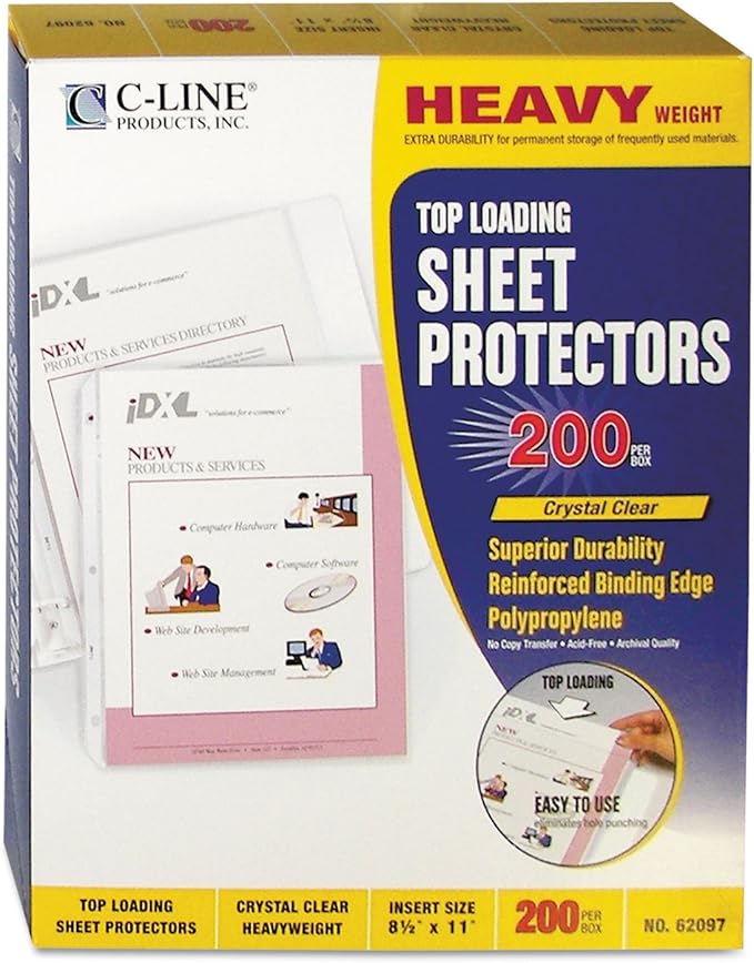 C-Line 62097 Heavyweight Polypropylene Sheet Protector, Clear, 2-Inch, 11 x 8 1/2, 200/BX