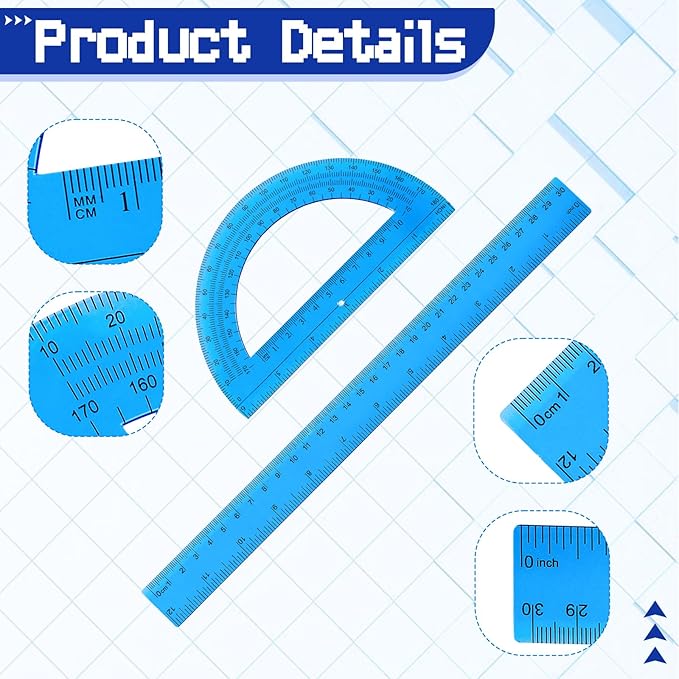 4 Pcs Ruler Protractor Set, Blue 12" Ruler and 6" Protractor 180 Degrees Angle Measurement Geometry Set with Inches Centimeters for Office School Classroom Home Drawing Supplies