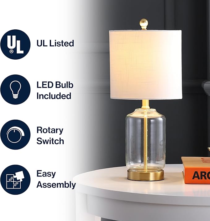 JONATHAN Y 19.5" Brass Gold and Clear Glass Table Lamp, Glam Transitional Bedside Lamp for Living Room Nightstand, White Linen Drum Shade, LED Bulb Included JYL1033A