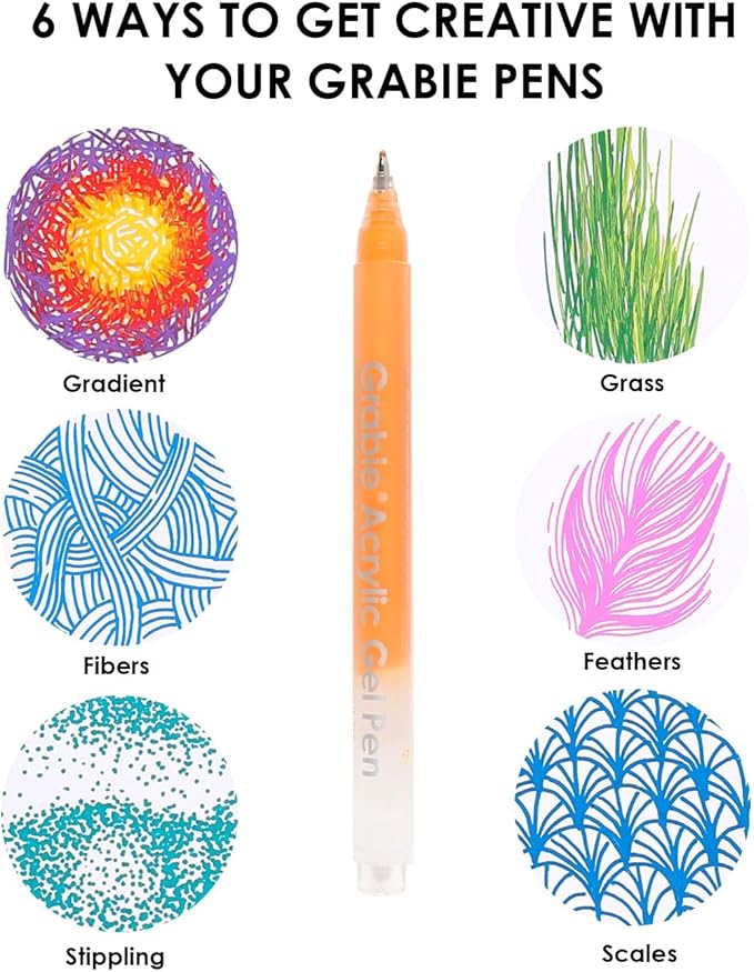 Grabie 12Colors Acrylic Gel Pens&Coloring Book, Medium Point Colored Gel Pens, Acrylic Gel Ink Pen Assorted Colored for Drawing, Note Taking, Bold&Bright Coloring Kit, Set of 12 (Summer Colors)