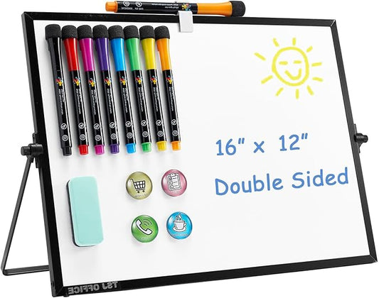 TSJ OFFICE Small White Board - 12 X 16 Inches Small Magnetic Dry Erase Board with Hooks for Wall, Desktop Whiteboard Stand 360 Degrees Revolving Double Sided for Office, Home, School, Black