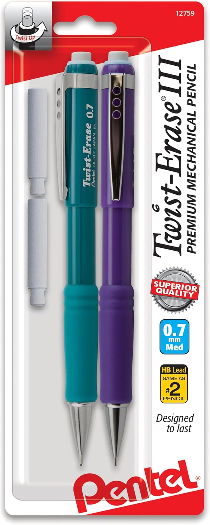 Pentel Twist-Erase III Mechanical Pencil,(0.7mm),Assorted Barrel Colors with 2 Eraser Refills (QE517BP2),(Pack of 4)